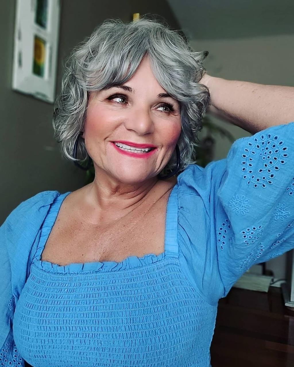 Face-Framing Curtain Bangs for Women Over 60 with short wavy hair